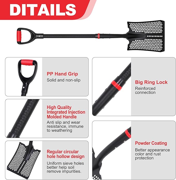 SHARK ATTACK 5-Piece Steel Shovel Set with D-Grip Handles Sifting Shovel- Multi-Size Garden Shovels with Powder Coating for Digging, Planting & Car Emergency