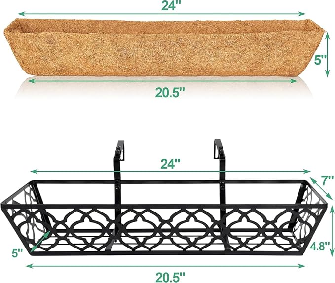 Y&M 24in Window Planter Box 4Pcs Iron Railing Planter with Coco Liner for Outdoor Balcony Rail, Fence, Porch, Patio