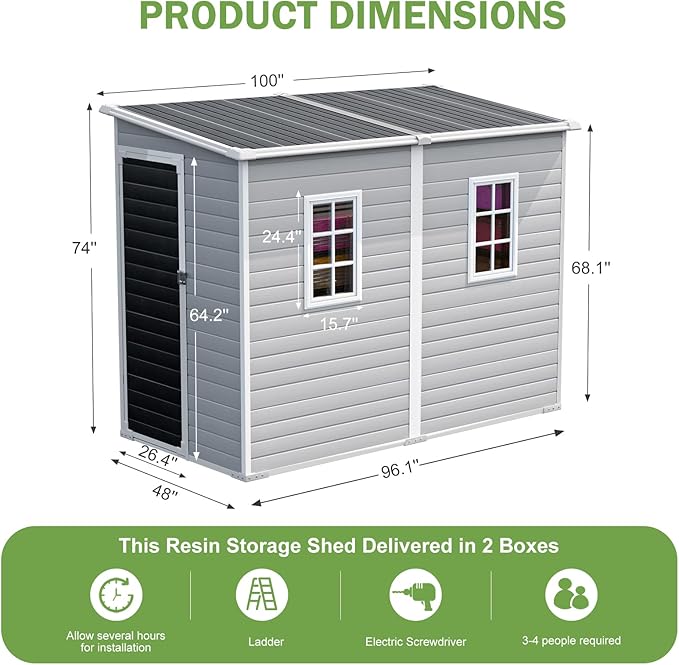 8x4 FT Resin Lean to Shed, Waterproof Outdoor Storage Shed with Floor, Adjustable Openable Window, Lockable Door & 2 Windows, Tool Shed for Patio Garden, Lawn, Backyard, Dove Grey