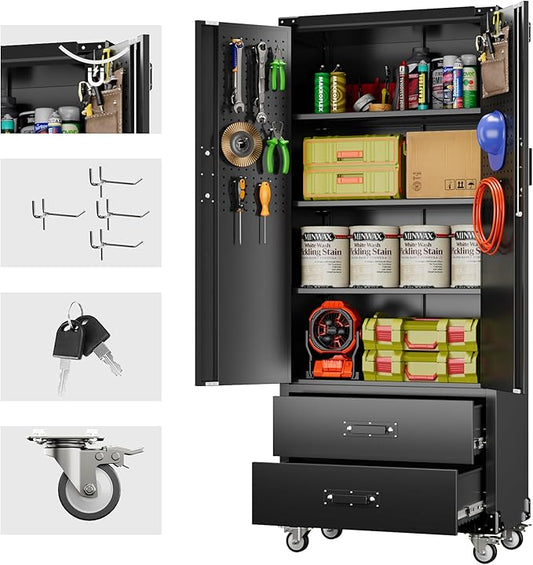 Garage Storage Cabinet with 2 Drawers and Pegboard, Metal Storage Cabinet with 2 Lockable Doors for Garage Home Office,Required Assembly,Black,71.2" H*15.2" D*30" W