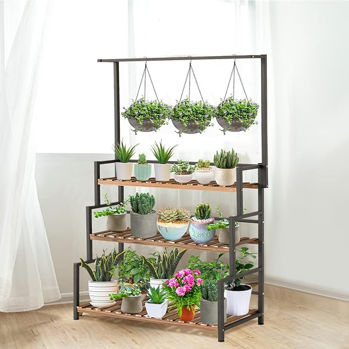 ULIKE 3-Tier Hanging Plant Stand – Wood & Metal Frame Indoor Outdoor Shelf for Patio, Balcony, Garden Multi-Purpose Plant Display | Carbonized Pine Wood | Sturdy Tall Rack for Potted Plants