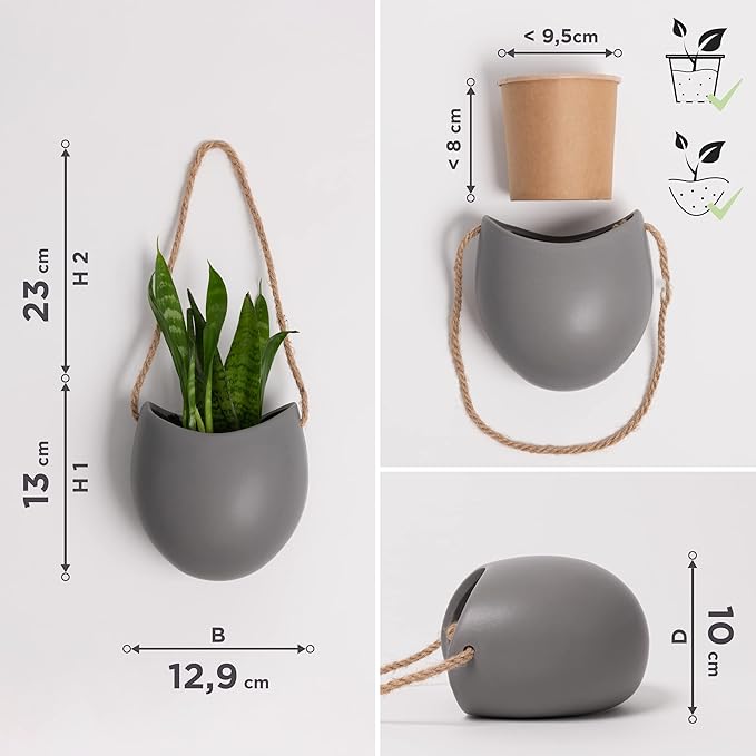 Kazai. Wall Planters -Ellie- | Hanging Ceramic Plant Pots 3 Pieces | Wall Decoration for Indoors, Balcony and Garden | Grey (Matte)