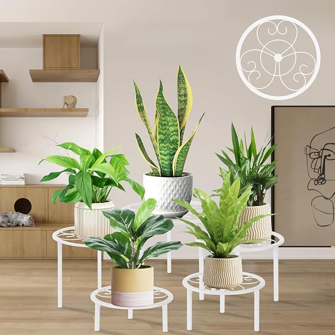 5-piece set of metal plant potted flower racks, heavy-duty flower pot plant racks of different sizes, iron flower racks, suitable for indoor and outdoor home decoration (White)