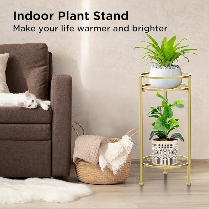 H HOMEXIN Plant Stand Indoor ,2 Tier Metal Plant Stand 23.5'' Tall Heavy Duty Sturdy Plant Shelf Holder,Rustproof Decorative Plant Stands Outdoor for Corner Garden Patio Livingroom Balcony
