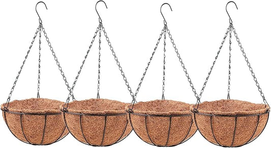 LaLaGreen Hanging Baskets for Outdoor Plants (4 Pack, 14 Inch) Large Hanging Planter with Coco Liner Round Flower Pots, Black Metal Wire Plant Holder Hook Deck Porch Modern Garden Balcony Rustic Decor