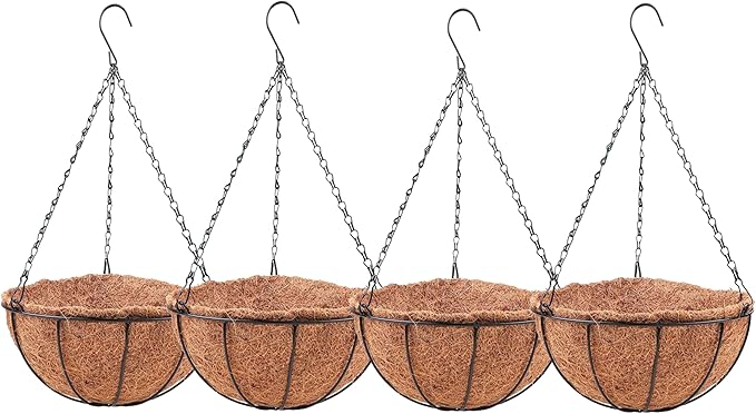 LaLaGreen Hanging Baskets for Plant Outdoor (4 Pack, 16 Inch) Extra Large Hanging Planter with Coco Liner Black Round Metal Wire Flower Pot Holder Hanger Deck Porch Garden Balcony Rustic Country Decor