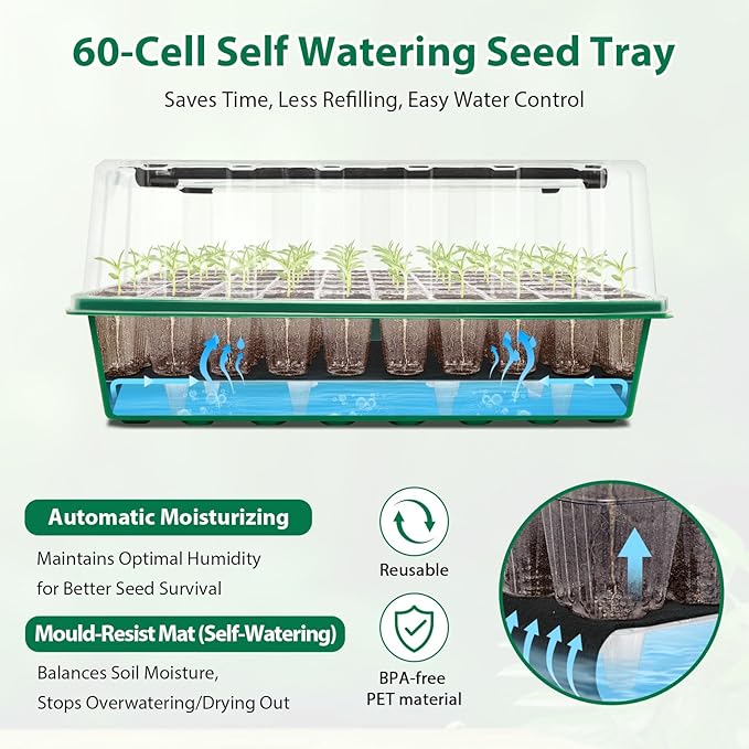 Seed Starter Tray, 60-Cell Self-Watering Seed Starter Kit with Grow Light and 4.07” Humidity Dome, Indoor Plant Starter Trays for Seed Germination & Gardening Supplies