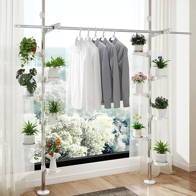 Hershii Adjustable Indoor Plant Stands Double Tension Pole Stainless Steel Flower Display Racks Holder Corner Storage Shelves with 12 Trays, 2 Hooks & 1 Telescopic Clothes Drying Hanging Rod - Ivory