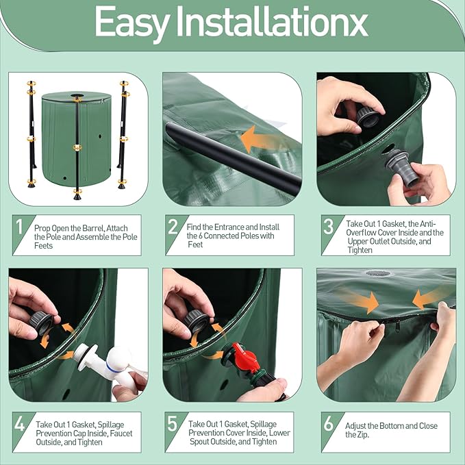 53 Gallon Collapsible Rain Barrel with Zipper Open and 12 Poles, 200L Protable Rainwater Collection System Kit with 1 Spigot and 2 Overflow, 1000D Oxford Rain Catcher Barrel for Outdoor Garden Camping