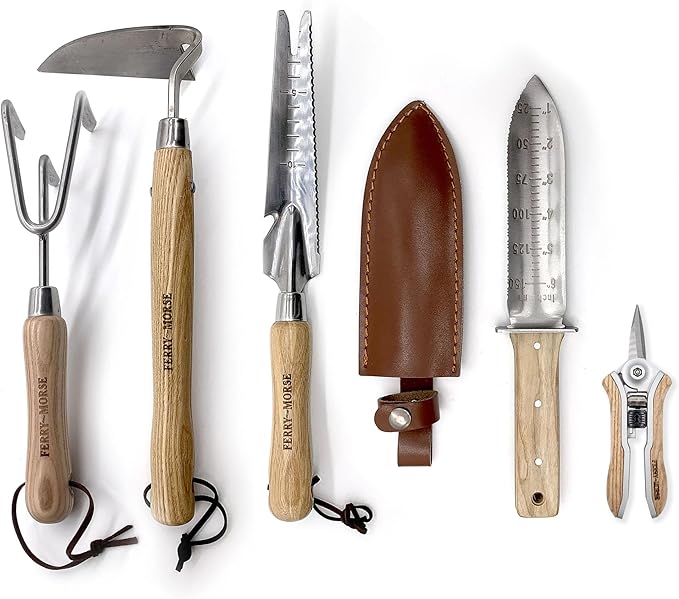 Ferry-Morse Premium All Hand Tools Set, 6Pcs Gardening Tools, Stainless Steel Heavy Duty Hand Cultivator, Hoes, Weeder, Snips, & Hori Hori with Ash Wood Handle, Garden Tool Bag 8 Pockets