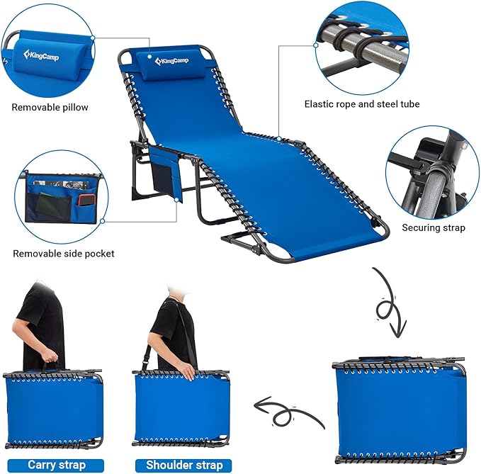 KingCamp 2 Pack Lounge Chair Outdoor, Folding Tanning Chairs Comfy Adjustable 5-Position Lay Flat Foldable Chaise Chaser Lounger with Pillow for Outside Beach Patio Sun Bathing Pool, Blue
