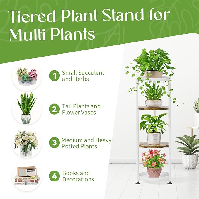 iDavosic.ly 4 Tier Corner Plant Stand Indoor, 45 Inch Tall Vertical Metal Flower Heavy Duty Pot Holder Shelf Outdoor for Patio Porch Living Room, White & Rustic Brown - Round