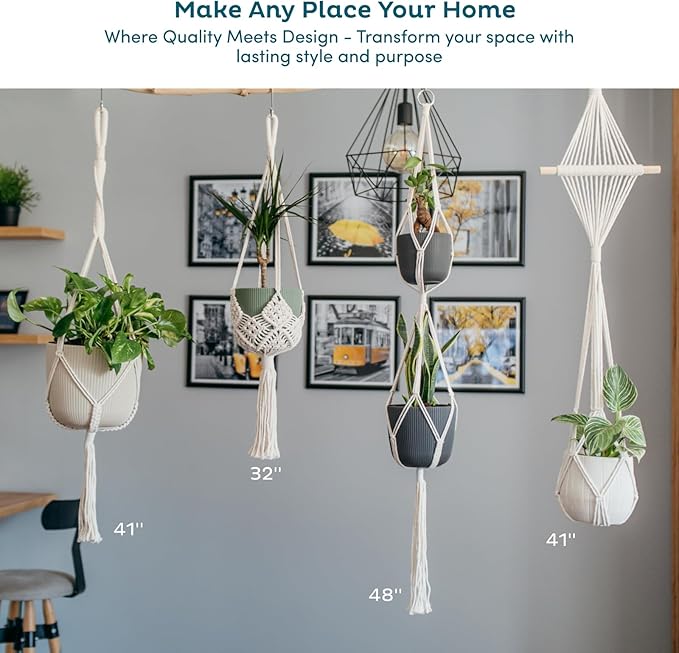 Nook Theory 4-Pack Macrame Plant Hangers with 8 Hooks - Hanging Planters for Indoor Plants, Boho Macrame Hangers Indoor Outdoor, Decorative Plant Hanger Indoor (Black)