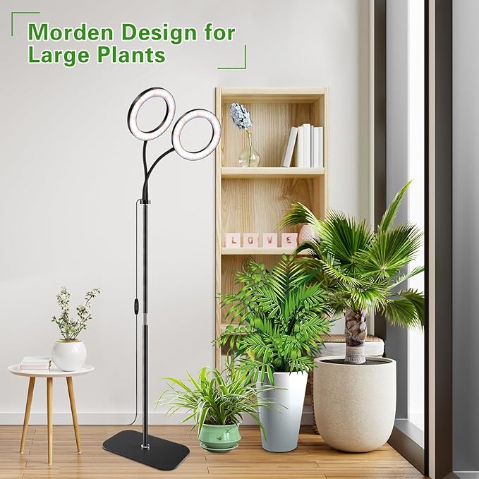 Full Spectrum Grow Light with Stand for Indoor Plants, Floor Plant Light, 3/9/12H Timer, 3 Color Modes, Adjustable Height 16.5–68in, for Large Plants & Home Décor(2 Heads)