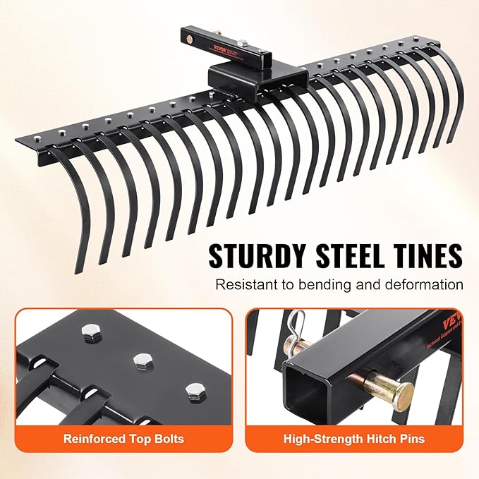 VEVOR Tow Behind Landscape Rake, 60" Tow Dethatcher with 21 Steel Coil Tines, Lawn Dethatcher Rake Attaches to 48" or 60" Toolbars and 3-Point Suspension Systems, for Leaves, Pine Needles, and Grass