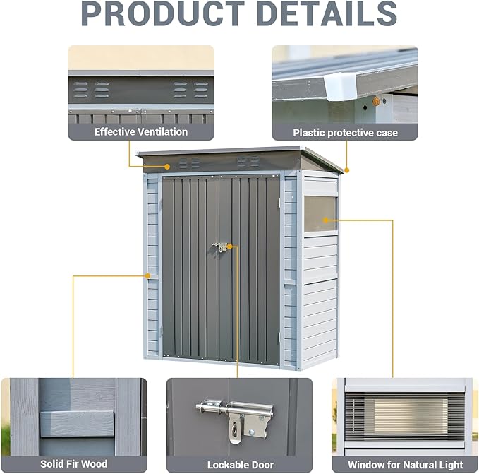 3x5ft Solid Wood & Steel Outdoor Storage Shed with Lockable Double Doors & Ventilation Windows for Garden, Lawn, Patio