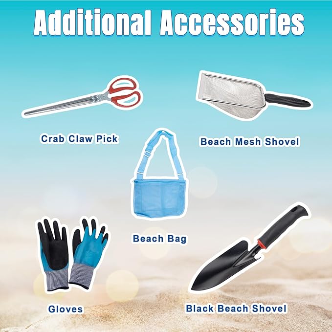 Sand Fleas Rake Set,Detachable 57 Inches Long Handle,Curved Handle Design,Includes Sand Flea Rake,1*Beach Bag,1* Beach Mesh Shovel,1*Black Shovel,1*Crab Claw Pick,One Pair of Gloves