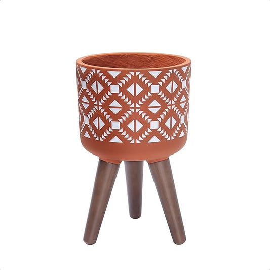 D'vine Dev 8 Inch Planter Pot with Stand, Mid-Century Tall Plant Pot with Legs for Indoor Plants, Pottery Red Terracotta/White, 88-G-A-5