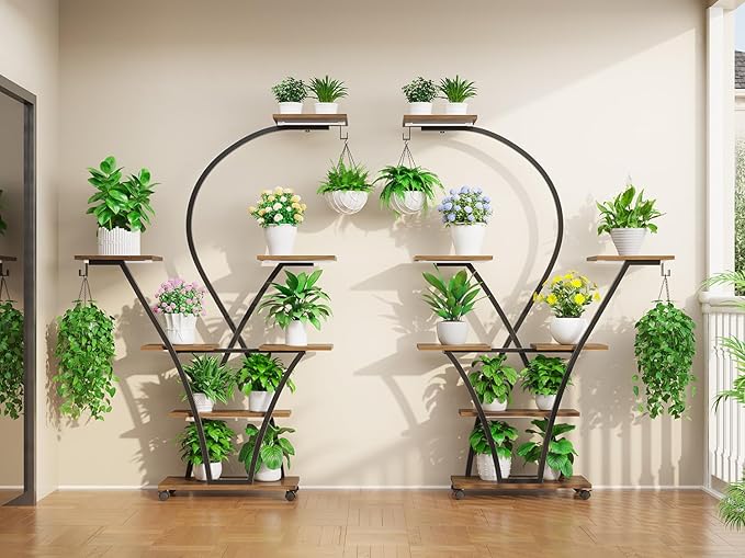 Itaar Plant Stand Indoor with Grow Light, 2-Pack 64" Tall Plant Shelf, 7 Tiered Corner Plant Stand with Wheels, Large Plant Rack Display Shelves, Curved Plant Holder for Living Room, Rustic Brown