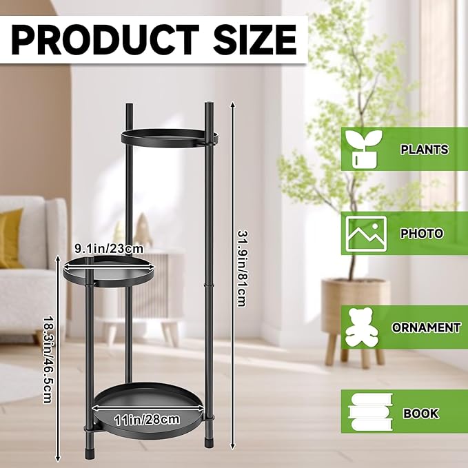3-Tier Metal Plant Stand for Indoor & Outdoor, Heavy Duty Corner Flower Shelf Display Rack for Living Room Balcony Patio Garden Bedroom Classroom Black (Black-B)