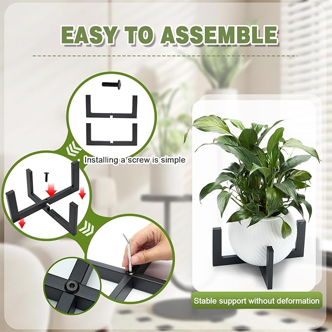 Heavy-Duty Metal Plant Stands Indoor Outdoor, 2/3 Pack Modern Plant Holder & Rattan Stool - Low Short Black Plant Stands Fit 5-12 Inch Pots (Plant Not Included)(3Pcs)