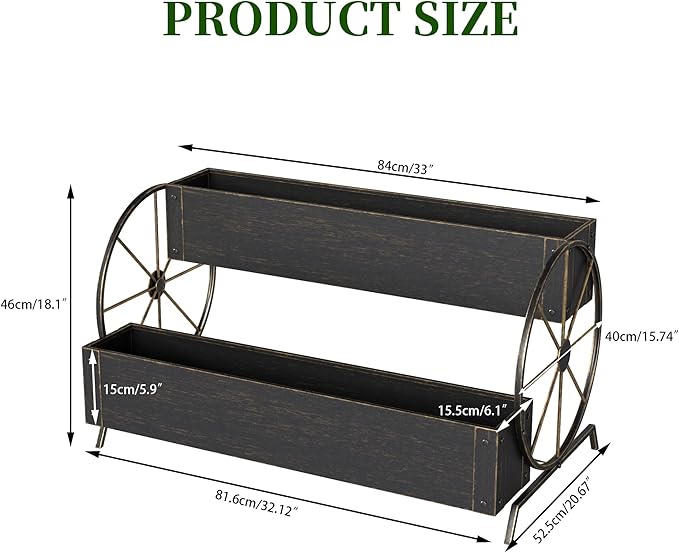 Metal Wagon Planter Box, 2-Tier Garden Planter with Wagon Wheels, Decorative Outdoor Planters for Flowers Herbs Vegetables, Flower Cart Small Raised Garden Bed for Patio, Balcony (Retro Gold)
