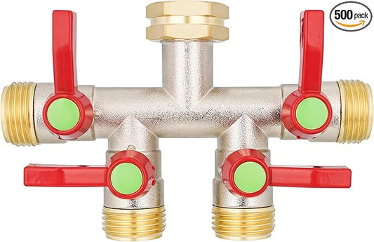 Hose Splitter 4 Way, High Flow Garden Hose Splitter, 3/4” Ght Inlet Brass Heavy Duty Hose Converter, Full Flow water 4 Way Faucet hose splitter, Long Handle Hose Valve Large Outlet.