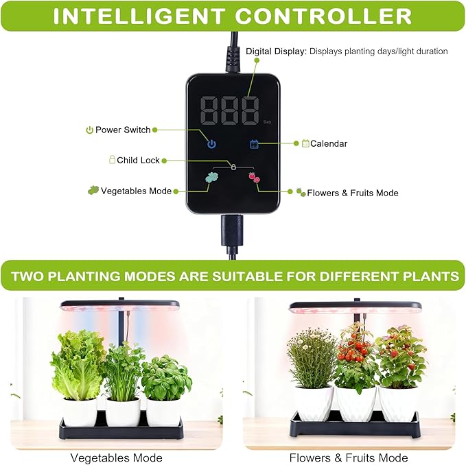 Indoor Garden Led Grow Light, Full Spectrum LED Grow Lamp for Indoor Plants with Intelligent Controller, Height Adjustable, Ideal for Home Desk Plant Lighting (Without Pots) (Black, 16.5*6.5*4 inch)