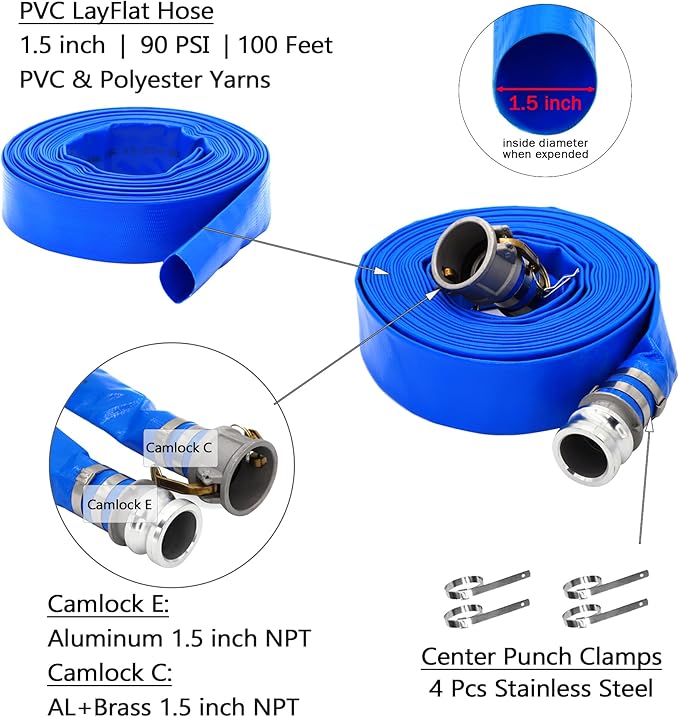 DAVCO 1.5" ID × 100 ft Pool Backwash Hose, Heavy Duty Reinforced Blue PVC Lay Flat Water Discharge Pump Hoses For Swimming Drain Pools and Clean Filters, with Aluminum Camlock C and E Fittings