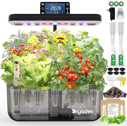 Hydroponic Growing System Kit With Operation Screen + 3 Free Seeds (Lettuce, Salad Mixed, Basil), 12 Pods Indoor Smart Gardening Herb Planter, 24W Full Spectrum LED Grow Light Growing System (Black)