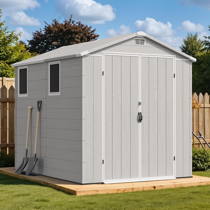 Devoko 6x8 FT Plastic Storage Shed, Outdoor Resin Garden Shed with Floor, Waterproof Tool Storage Shed with Lockable Door and Window for Patio, Garden, Backyard, Light Gray
