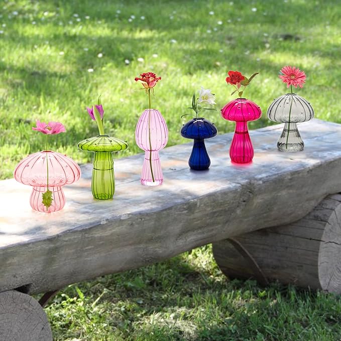 6Pcs Mushroom Vase, Colored Glass Mushroom Propagation Vases for Plants, Cute Hydroponic Flower Small Bud Vase Home Office Decor for Women Gift Propagation Station(Color 6)