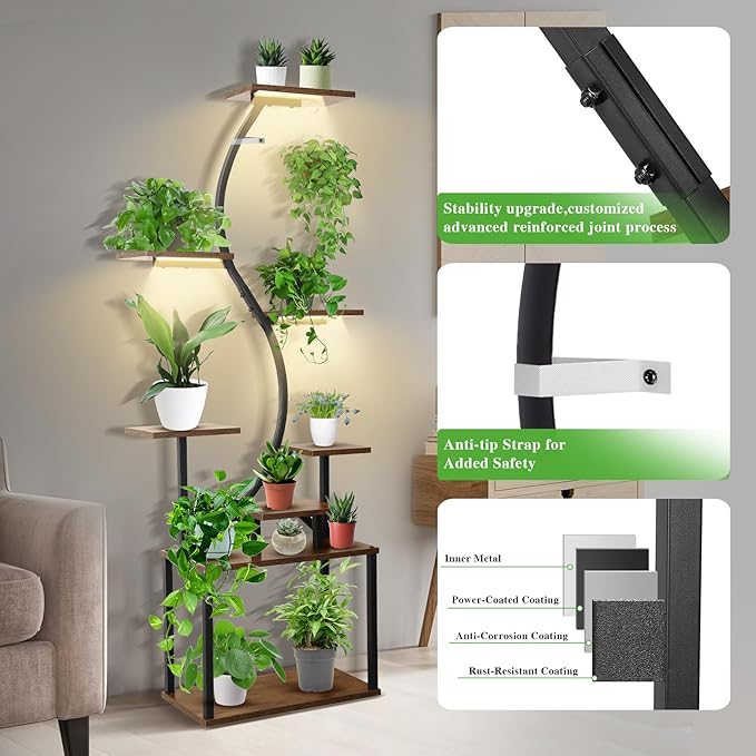 8 Tiered Plant Stand Indoor with Grow Lights, 62 Inch Tall Corner Plant Shelf for Indoor Plants, Metal Plant Rack with Stability Upgrade for Living Room, Patio, Balcony