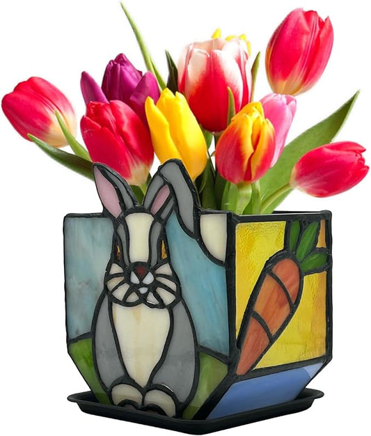 Handcrafted Stained Glass Rabbit Planter,Plant Pots Indoor with Drainage, Succulent Flower Pots,Plant Gifts,4.6x3x5.15 in
