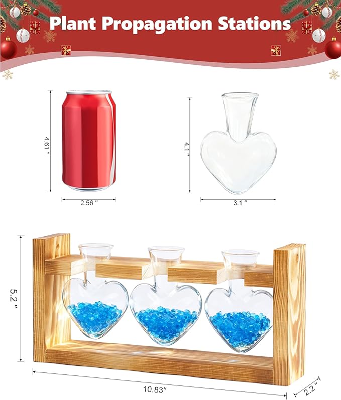 Nacome Plant Terrarium Propagation Stations: Christmas Gifts for Plant Lovers Women Mom Wife - Wooden Stand Tabletop Planter 3 Bulb Glass Vase Heart Shaped for Hydroponics Indoor Home Office Decor