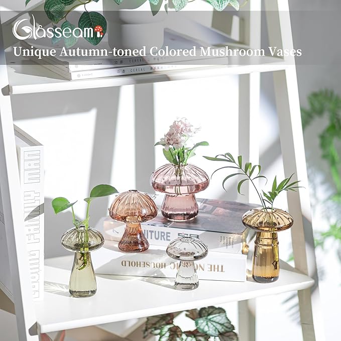 Glasseam Mushroom Glass Planter for Plants: Set of 5 Handmade Plant Propagation Stations - Fall Colored Small Hydroponic Terrarium Jars for Home Decor for Plant Lovers