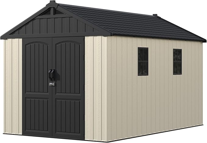 Devoko Plastic Storage Shed with Floor, 8 x 12 FT Outdoor Resin Tool Shed with Lockable Door & Sloping Roof, Patio Kick-it Shed for Garden, Backyard, Lawn, Beige