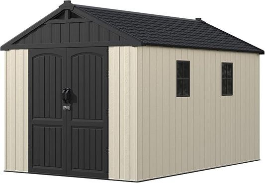 Devoko Plastic Storage Shed with Floor, 8 x 12 FT Outdoor Resin Tool Shed with Lockable Door & Sloping Roof, Patio Kick-it Shed for Garden, Backyard, Lawn, Beige