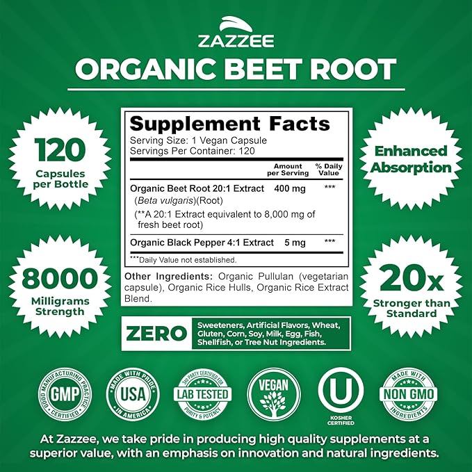 Zazzee USDA Organic Beet Root 8000 mg Strength 20:1 Extract, 120 Vegan Quick Release Capsules, Black Pepper Extract for Enhanced Absorption, Supports Nitric Oxide Production, Non-GMO, Made in The USA