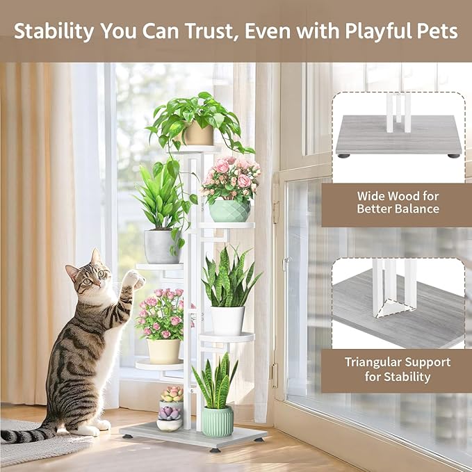 LASZOLA White 5 Tiered Plant Stand Indoors Heavy Duty Metal Rack, Sturdy Multi Level Shleving Hold Flowers, Larger House Decorate Ladder for Planting Inside Tree Herb Cactus, Wooden Base, Space Saving