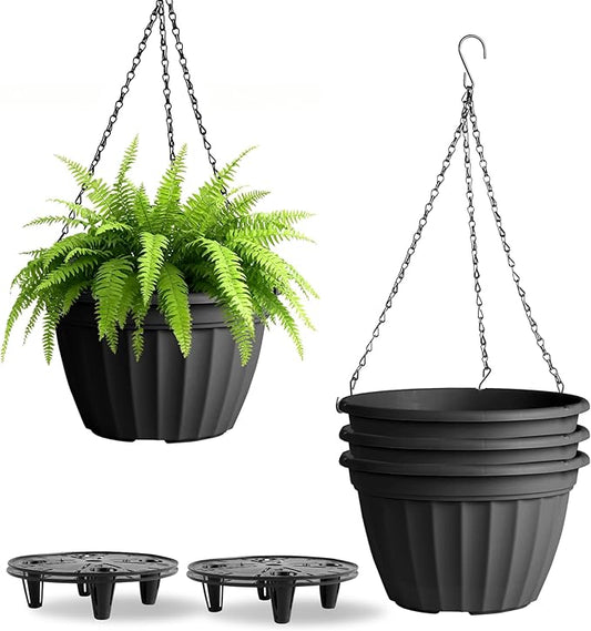 FGstyle Hanging Planters 10 Inch, 4 Pcs Self Watering Pots for Indoor Plants,Plastic Hanging Basket with Soil Elevator and 20" Chain for Home Garden Porch Balcony Patio Decor(Black)