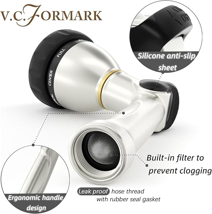 V.C Formark Heavy Duty Metal Garden Hose Nozzle,Thumb Control with 8 Patterns (Jet, Mist, Shower, Soaker),High Pressure & Anti-Leak for Lawn, Plant Watering, Car Washing, Pet Bathing,Window Cleaning