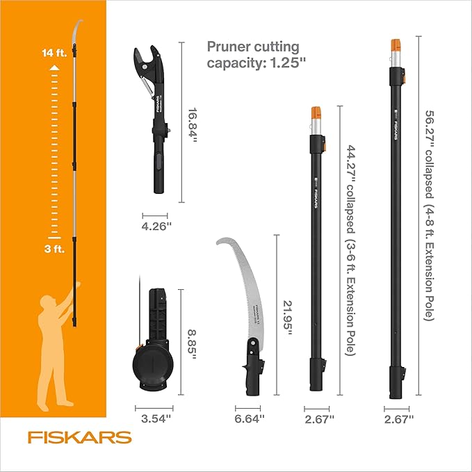 Fiskars XtendControl Extendable Tree Pruner (14 ft), Adjustable Branch Trimmer w/Fixed Pruning Head, 15" X2 Hook Bill Saw, 3-6 ft & 4-8ft Extension Poles, and Automatic Cord Reel for Precise Cuts