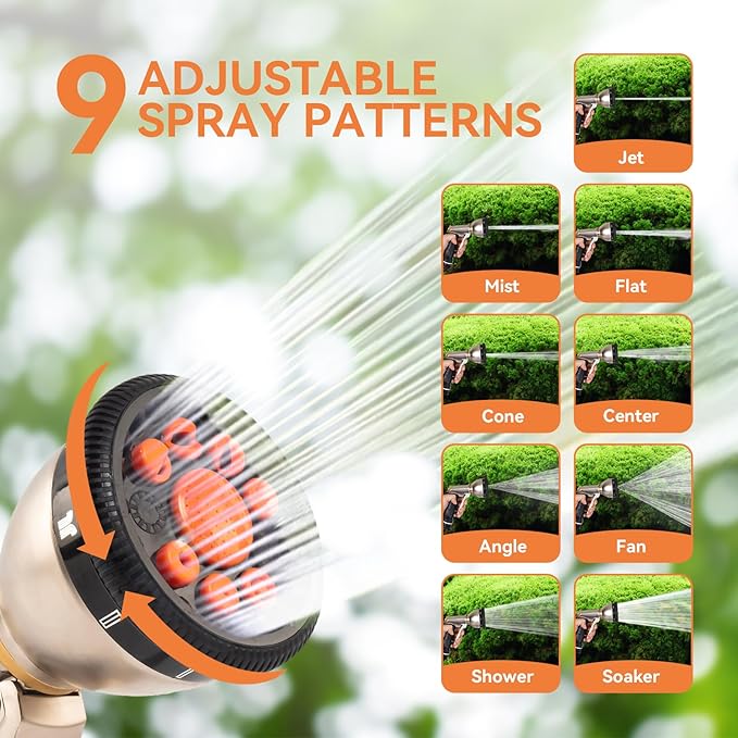 360° Rotating Hose Nozzle with Lock Function - 9 Spray Modes, Anti-Slip Grip, for Gardening, Car Wash & Pool Maintenance (Front Trigger)