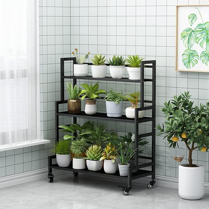 Plant Stand Indoor 3 Tier Metal Outdoor Tiered Stands Shelf With wheel for Multiple Plants Potted Ladder Plant Holder Table Plant Pot Stand for Window Garden Balcony Living Room (3 Tier-Black)