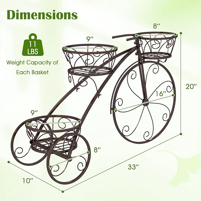 Tricycle Plant Stand, 3-Tier Metal Plant Stand Bicycle Flower Pot Cart with Hollowed Baskets, Planter Potted Holder for Patio, Garden, Deck, Lawn (Bronze)
