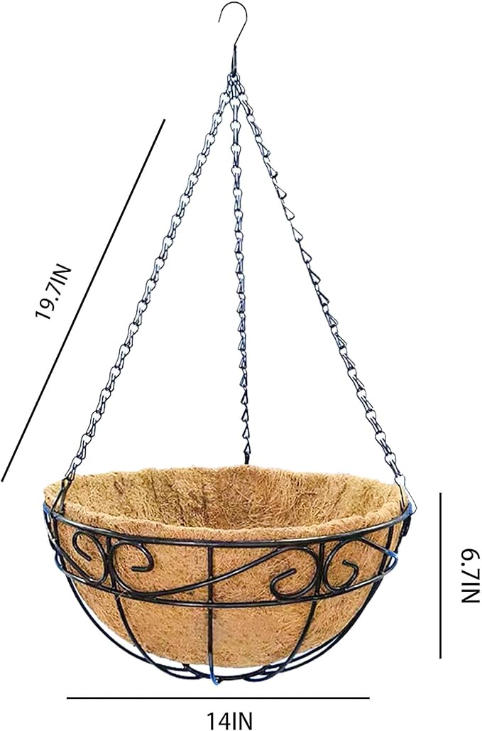 Hanging Planters for Outdoor Plants 4 Pack 14 inch Metal Hanging Flower Basket with Coco Coir Liner Wire Plant Holder Watering Flower Baskets Pot Hanger Garden Decoration for Indoor Outdoor(HBL)