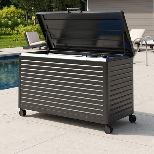 MIRADOR 134 Gallon Outdoor Storage Box Waterproof, Metal Deck Box with wheels for Patio Furniture, Garden Tools, Outdoor Cushion, Charcoal