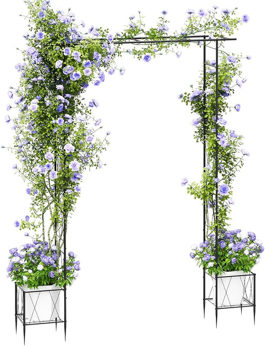 Garden Arch Trellis for Climbing Plants Outdoor 7.7 Ft Metal Garden Arbor with Planter Boxes Wedding Arches for Ceremony Christmas Decorations Pergola for Backyard, Lawn and Patio, Black