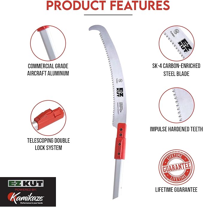 EZ Kut Kamikaze 15′ Extendable Tree Trimmer Pole Saw - Branch Cutter with Single Hook Pole Saw Blade for Branch Removal - Best Pole Saws for Tree Trimming. Tree pruner pole saw since 1988